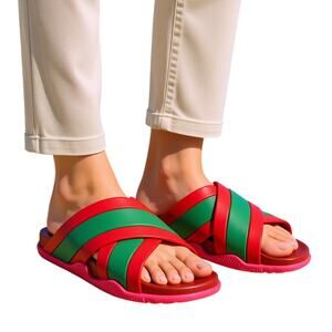 Gucci Colorblock Red Green Round Toe Rubber Slide Sandals, IT37/US7